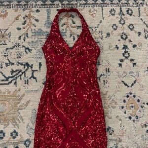 AMAZON Red Sequin Halter Dress